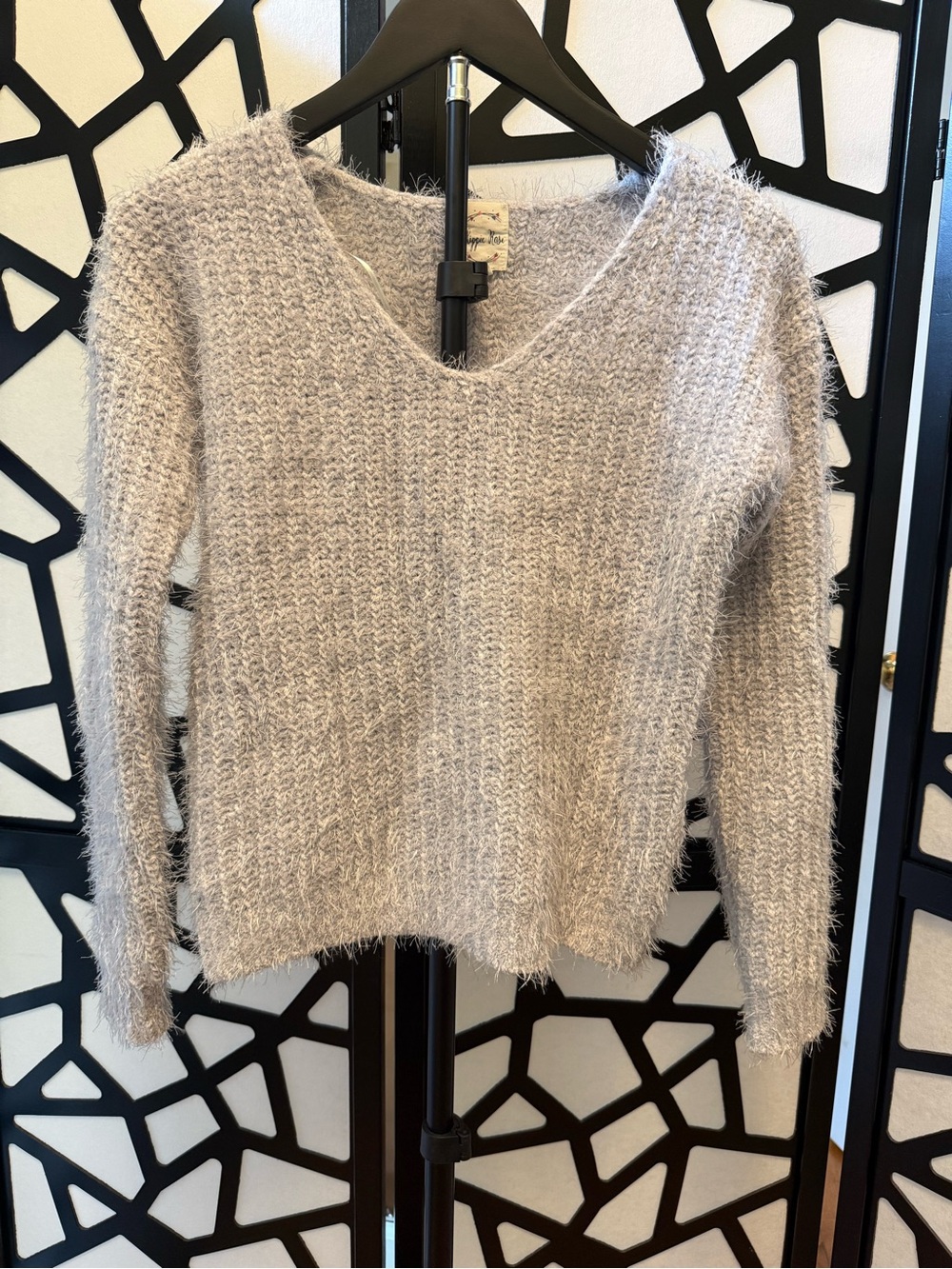 Hippie Rose Fuzzy V-Neck Sweater in Light grey